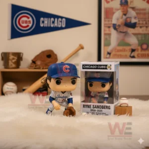Ryne Sandberg vinyl figure with Chicago Cubs uniform and baseball glove displayed beside its box on a soft rug surrounded by baseball decor.