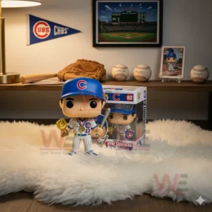 Ryne Sandberg figure holding bat and gold trophy in front of display box with Chicago Cubs decor in background.