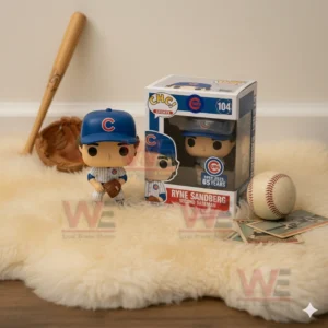 Ryne Sandberg Cubs vinyl figure with baseball glove and commemorative 65 years box on beige rug with baseball gear.