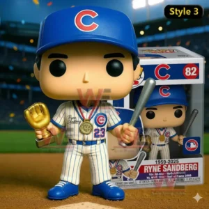 Ryne Sandberg vinyl figure with bat and gold trophy standing on baseball field in front of box labeled 1959-2025.