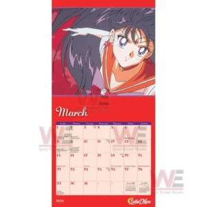 March calendar page with an animated character in a red outfit above the grid.