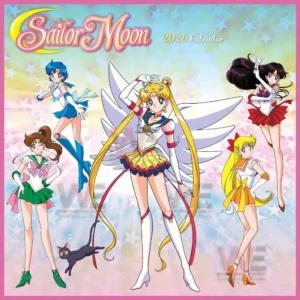 Animated characters in colorful uniforms posing on a pastel starry calendar cover.