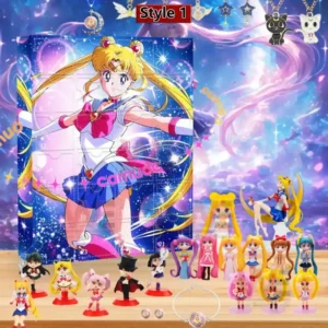 Sailor Moon advent calendar with collectible character figures displayed on a wooden surface with a starry background!