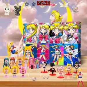 Sailor Moon advent calendar with multiple Sailor Moon forms and collectible figures displayed on a wooden surface!