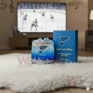 Blue Saint Louis Blues drink glass on white rug with hockey game on television!
