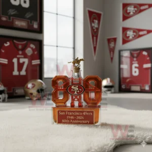 An eighty shaped San Francisco 49ers bottle with a horse rider cap sits on a white rug in a football themed room!