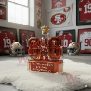 San Francisco 49ers 1946-2026 80th Anniversary Limited Edition Whiskey Bottle 10 A crown topped eighty shaped 49ers bottle sits on a white rug in a room decorated with team items!