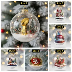 Multiple transparent Christmas ornaments filled with themed decorations representing the San Francisco 49ers arranged in a collage layout!