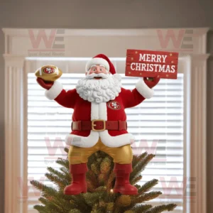 A San Francisco 49ers Santa Claus tree topper holding a sign and football on top of a Christmas tree!