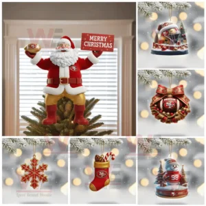 A San Francisco 49ers Christmas decoration set with a Santa tree topper and multiple themed ornaments!
