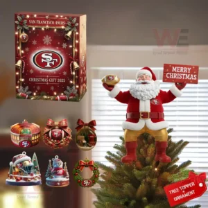 A San Francisco 49ers Christmas 2025 gift set with Santa tree topper and themed ornaments in red and gold colors!
