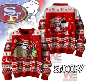 Front and back view of a San Francisco 49ers sweater with Snoopy and Woodstock in winter clothing.