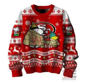 Front view of a red San Francisco 49ers sweater with Snoopy and Woodstock in winter attire.