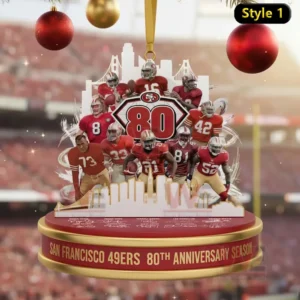 Alt text: San Francisco 49ers 80th Anniversary Christmas ornament featuring players like Joe Montana and Jerry Rice with a festive background.