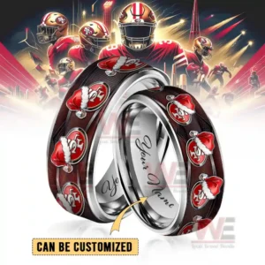 Two silver rings with dark red festive emblem bands and customizable inner engraving!