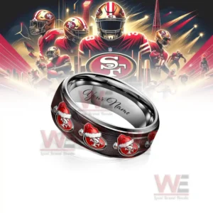Customizable silver ring with dark red festive emblem pattern before a football themed background!