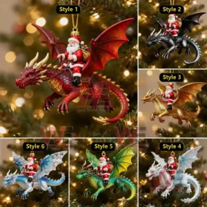 Ornaments of Santa riding dragons in multiple colors hanging on a Christmas tree!