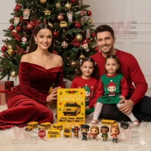 A family posing with the United States School Bus 2025 Advent Calendar and miniature school bus toys in front of a Christmas tree.