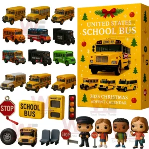 A complete United States School Bus 2025 Advent Calendar set showing miniature buses, traffic signs, and collectible figures.