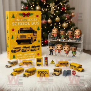 A festive display of the United States School Bus 2025 Advent Calendar with miniature buses and figurines beside a Christmas tree.