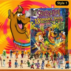 An image of a Scooby Doo Style 1 advent calendar showing 13 Spooky Tales artwork and collectible character figures positioned in front of the decorated box!