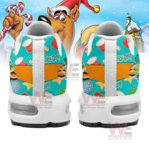 A back view of Scooby-Doo Christmas-themed sneakers with vibrant holiday graphics.