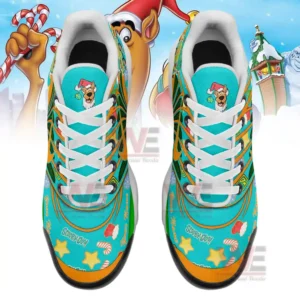 A top-down view of Scooby-Doo Christmas-themed sneakers with colorful holiday graphics.