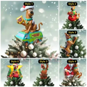 Six Scooby Doo themed Christmas tree topper designs in various festive poses above decorated Christmas trees!