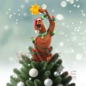 Scooby Doo Christmas Tree Topper 10 Scooby Doo with Christmas lights and a yellow star sitting on top of a festive tree in a snowy scene!