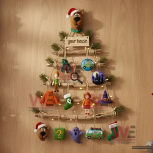 Alt text: A rustic tree decorated with Scooby-Doo ornaments, pine branches, and lights, with a 