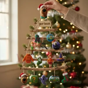 Alt text: A Scooby-Doo-themed rustic Christmas tree with Scooby, Shaggy, and other ornaments, pine branches, and lights.