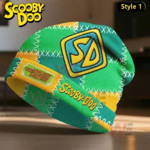 Multicolor patchwork beanie with a large SD emblem and vibrant themed graphics!
