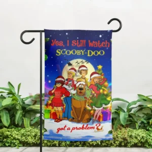 Scooby Doo x Christmas Garden Flag 5 Garden flag featuring the Scooby-Doo gang in Santa hats with a Christmas tree, gifts, and text