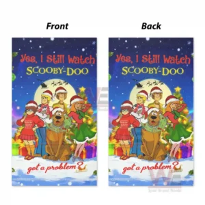 Scooby Doo x Christmas Garden Flag 7 Front and back view of a garden flag with Scooby-Doo and his friends in Santa hats, a Christmas tree, and