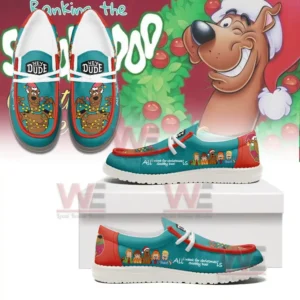 Hey Dude shoes with Scooby-Doo in Christmas lights and text "All I want for Christmas is Scooby-Doo".