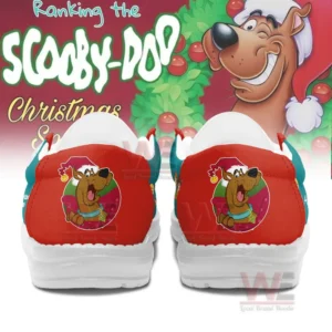 Back view of Hey Dude shoes with Scooby-Doo in Christmas attire and decorations.