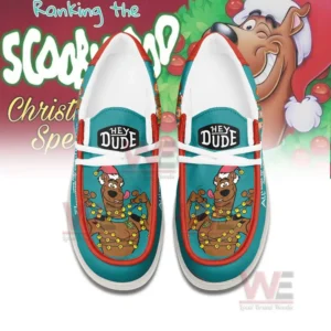Close-up of Hey Dude shoes with Scooby-Doo in Christmas lights and 
