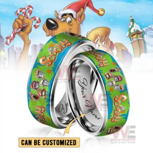 Two silver rings with bright green and blue cartoon themed bands and customizable inner engraving!