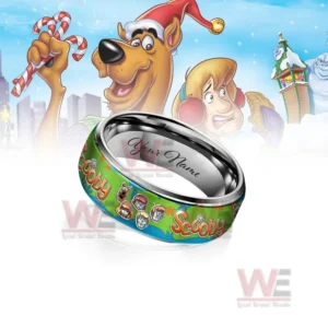 Scooby Doo x Christmas Silver Tungsten Rings 8 Customizable silver ring with bright cartoon themed band before a Scooby Doo background! ``