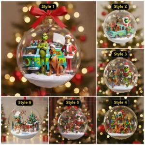 A collage of six Christmas ornaments showing Scooby Doo the Grinch and friends in snowy festive scenes.