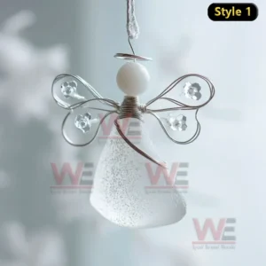 White glass angel ornament with wire wings and crystal embellishments for holiday decor!