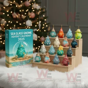 Sea glass gnome ornaments displayed next to a turquoise advent calendar box with ocean themed design.