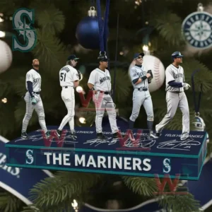 Ornament of Mariners players standing on a base with The Mariners text hanging on a Christmas tree!