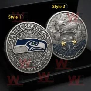 A silver anniversary coin with the Seattle Seahawks logo on one side and an eagle over a stadium design marking 50 years of the team.