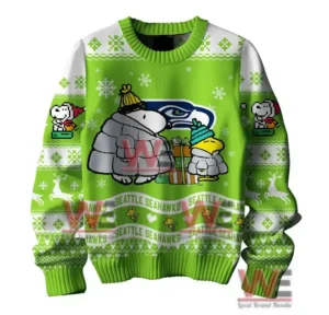 Seattle Seahawks Premium NFL Peanuts Snoopy Ugly Sweater 5 Front view of a green Seattle Seahawks sweater with Snoopy and Woodstock in winter attire.