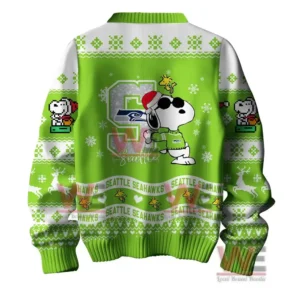 Seattle Seahawks Premium NFL Peanuts Snoopy Ugly Sweater 6 Back view of a green Seattle Seahawks sweater with Snoopy in sunglasses and the Seahawks logo.