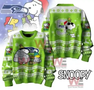 Seattle Seahawks Premium NFL Peanuts Snoopy Ugly Sweater 7 Front and back view of a green Seattle Seahawks sweater with Snoopy and Woodstock.
