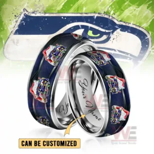Two silver rings with dark blue festive emblem bands and customizable inner engraving!