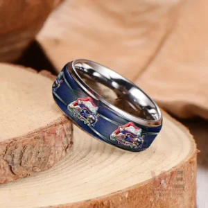 Seattle Seahawks x Christmas Silver Tungsten Rings 6 Silver ring on wood showing dark blue band with repeating festive emblems in red hats!