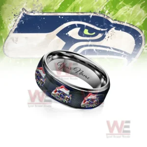 Seattle Seahawks x Christmas Silver Tungsten Rings 8 Customizable silver ring with dark blue festive emblem pattern before a team logo background!